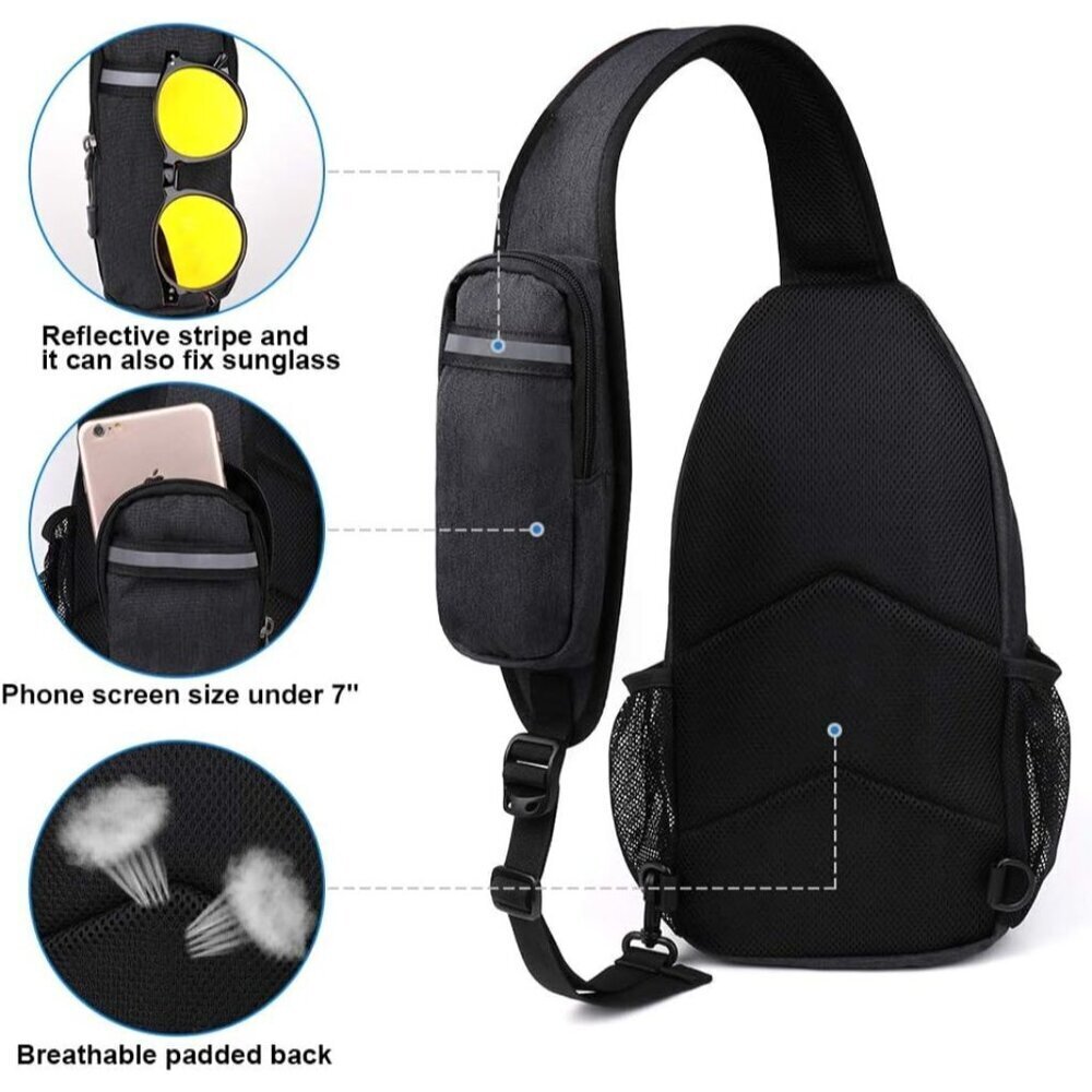 Waterfly Men Women Black Crossbody Adjustable Strap Hiking Sling Backpack - Picture 4 of 6